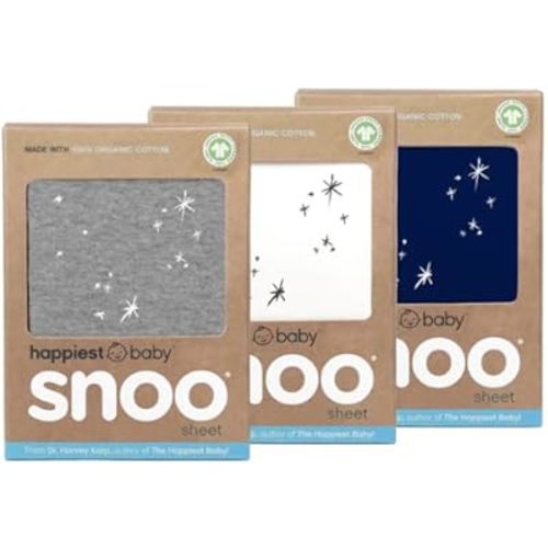 Happiest Baby SNOO Bassinet Fitted Sheet - 100% Organic Cotton Nursery Bedding - Fits SNOO Sleeper Crib Mattress - 3-Pack Bundle (White, Grey, Navy)