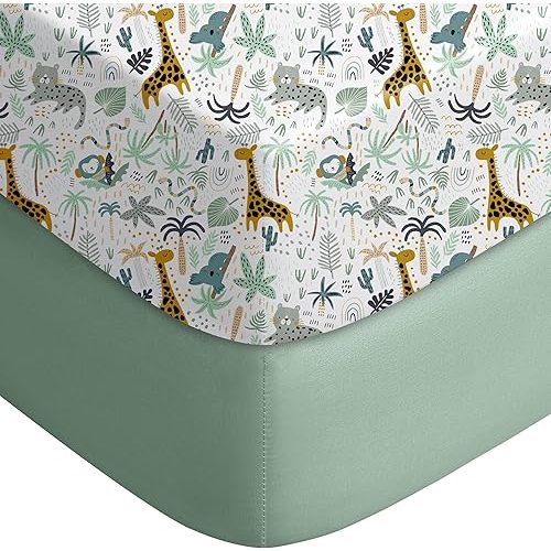 Yoofoss Pack and Play Sheets Fitted, Mini Crib Sheets 2-Pack for Pack N Play Mattress, Stretchy Playard Sheet, Soft and Breathable Green+Giraff