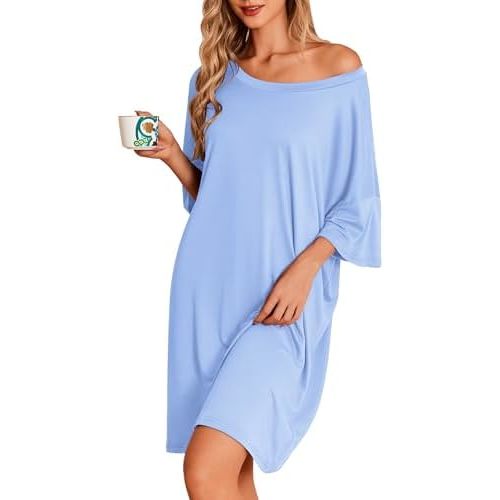 Ekouaer Plus Size Nightgowns for Women Oversized Sleep Shirt Short Sleeve Nightshirt T-Shirt Dress Sleepwear S-5XL