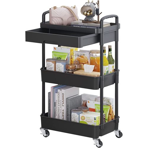Calmootey 3-Tier Rolling Utility Cart with Drawer,Multifunctional Storage Organizer with Plastic Shelf & Metal Wheels,Storage Cart for Kitchen,Bathroom,Living Room,Office,Black