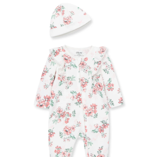 Whimsical Floral 2-Way-Zip Footed One-Piece And Hat