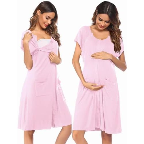 Ekouaer 3 in 1 Labor/Delivery/Hospital Gown Nursing Dress Maternity Nightgown Sleepwear for Breastfeeding with Button S-XXL