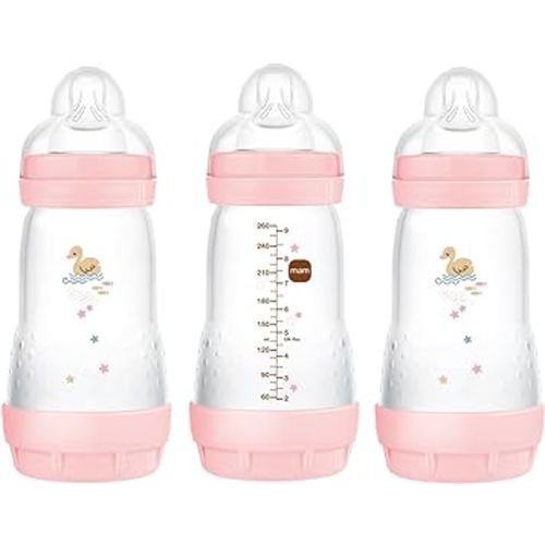 MAM Easy Start Anti-Colic Bottle , Baby Essentials, Medium Flow Bottles with Silicone Nipple, Baby Bottles for Baby Girl, Peach, 9 oz (3-Count)