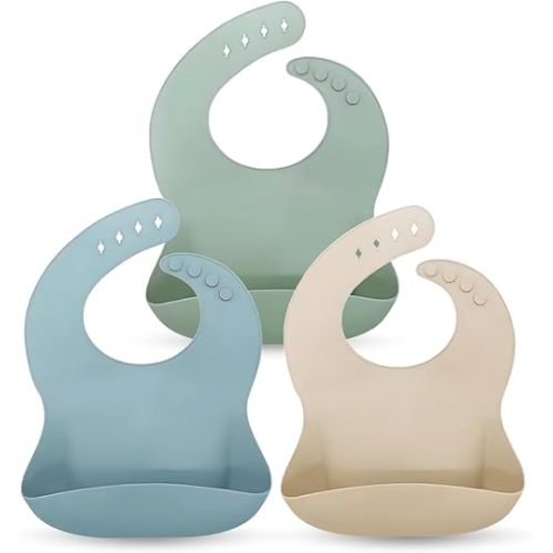 Baby Bliss 3 Pack Baby Bibs Waterproof Adjustable Toddler Bibs, Silicone Bib Food with Catcher Pocket, BPA Free Silicone Bibs