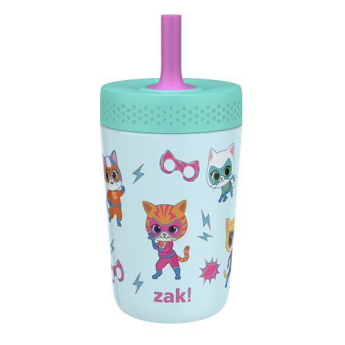 Zak Designs 12oz Super Kitties Kids Straw Tumbler, Stainless Steel Vacuum Insulated Kincaid Tumbler with Silicone Straw Utilizing Leak-Proof Valve, Travel Straw Tumbler