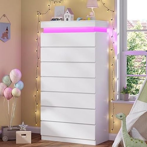 Tall 7 Drawer Dresser with LED Light, White Modern Chest of Drawers for Bedroom,Closet Dressers with Drawers for Living Room, Entryway, Hallway