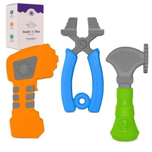 Sperric Silicone Teething Toys For Babies 0-6 Months - Kids Tools Set With Hammer, Pliers, Drill - Double-sided Texture For Gum Soothing – 3pcs