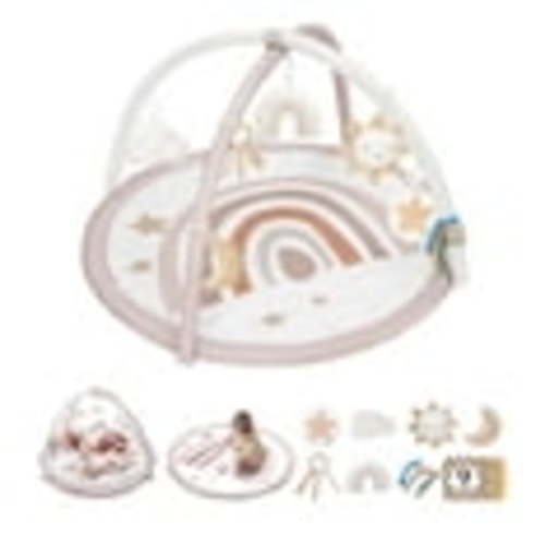 Baby Play Gym Mat, Tummy Time Activity Mat with 7 Detachable Toys and 12 Milestone Cards for Stage-Based Sensory and Motor Skill Development, Washable Play Mats for Infant, Newborn Baby Essentials