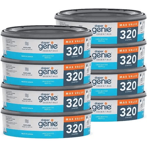 Diaper Genie Essentials Round Refill 8-Pack | Holds Up to 2560 Newborn Diapers | Features Unscented Continuous Film | Compatible with Diaper Genie Complete and Expressions Pails,8 Count (Pack of 1)