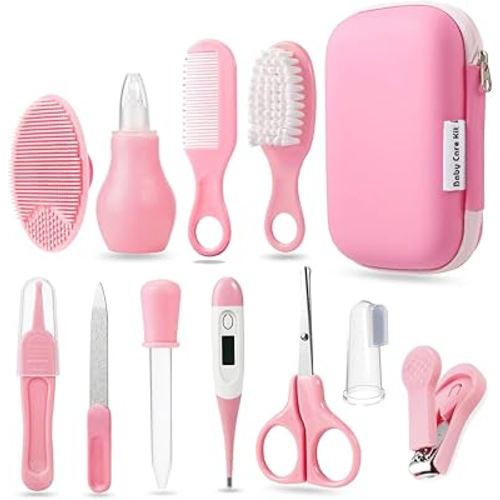 PandaEar Baby Healthcare and Grooming Kit, Baby Safety Set Baby Comb, Brush, Finger Toothbrush, Nail Clippers, Scissors, Nasal Aspirator, Baby Essentials Nursery Care Kit (Pink)