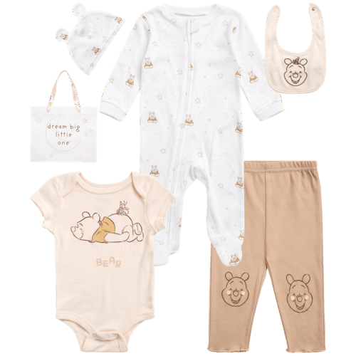 Disney Newborn Baby Layette Set - 6 Piece Disney Bodysuit Coveralls Sweatpants, Hat, Gift Bag (0-6M)
