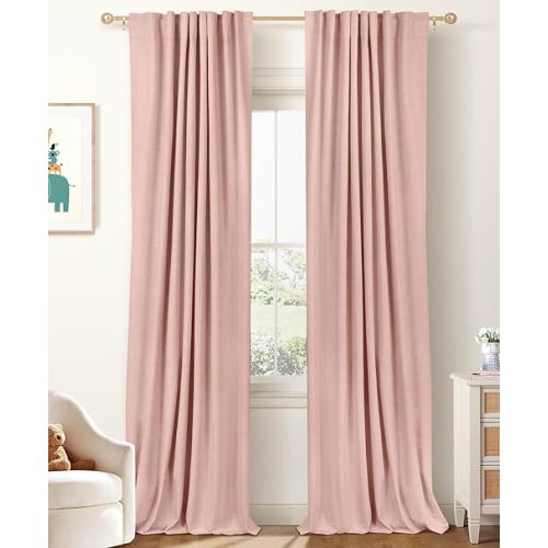100% Blackout Shield Linen Blackout Curtains for Bedroom 84 Inches Long, Back Tab/Rod Pocket Living Room Drapes, Thermal Insulated Blackout Curtains 2 Panels Set, 50" W x 84" L, Blush Pink