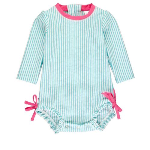 RuffleButts Baby Girls Seersucker Long Sleeve UPF50+ One Piece Rash Guard