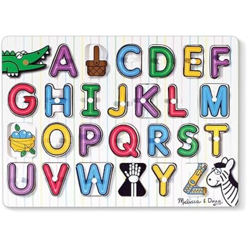 Melissa & Doug Lift & See Alphabet Wooden Peg Puzzle (26 pcs) - FSC Certified