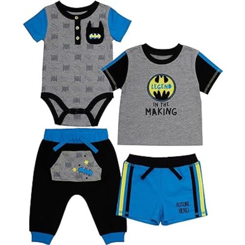 BATMAN Baby Boys 4-Piece Clothing Set | Onepiece Bodysuit, Drawstring Shorts, T-Shirt, Jogging Pants