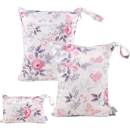 ALVABABY 3pcs Baby Cloth Diaper Wet Dry Bags Waterproof Reusable with Two Pockets|Travel Beach Pool Daycare Soiled Baby Items Yoga Gym Bag for Swimsuits or Wet Clothes 3L-H066