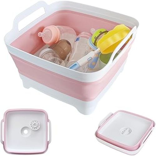 Collapsible Wash Basin for Baby Bottles - 2.4 Gallons Portable Wash Bin for RV Camping Sink, Space-Saving Dish Tub (Green) (Pink)