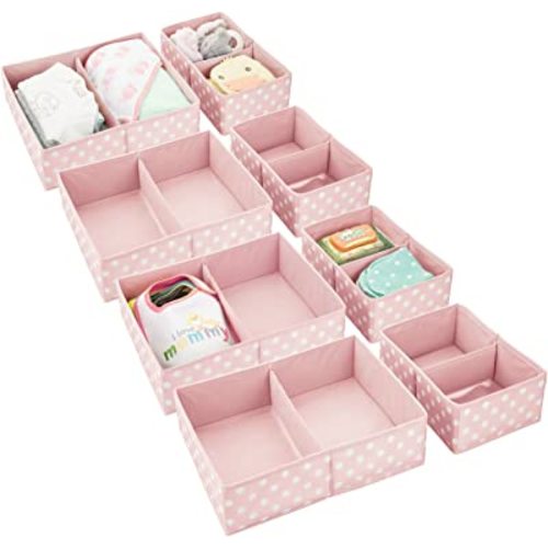 mDesign Fabric Drawer Organizer Bins, Kids/Baby Nursery Dresser, Closet, Shelf, Playroom Organization, Hold Clothes, Toys, Diapers, Bibs, Blankets, Set of 2, 4 Pack, Pink/White Polka Dot