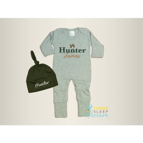 Baby Boy Mallard Duck Coming Home Outfit, Sage Romper with Dark Green Hat, Take home, Going Home Personalized, Baby Boy, First Middle Name