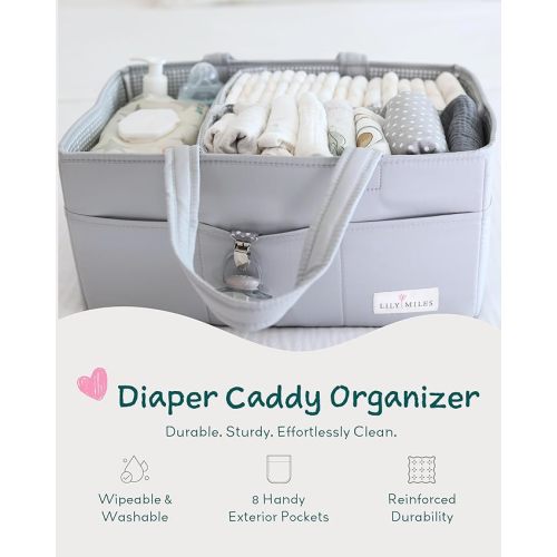 Lily Miles Diaper Caddy Organizer with 8 Pockets, Wipeable Baby Caddy Basket for Diapers and Wipes, Baby Registry Favorites, Nursery Tote Bag for Changing Table or Car (Heather Grey, Large)