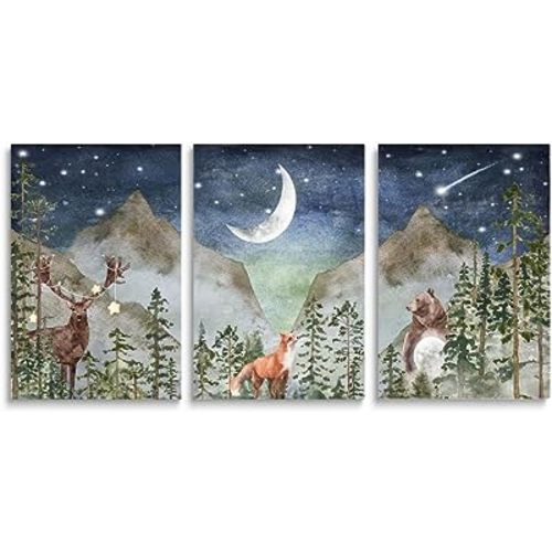SKYSUKEY Boho Nursery Wall Decor, Wild Forest Kids Wall Art, Dark Blue Star Night Moon Netural Wall Art, Fairy Animals Nursery Decor, Watercolor Mountain Art, Nature Wall Prints for Boy Girl Nursery Room, Set 3, Framed Canvas, 16"x24"