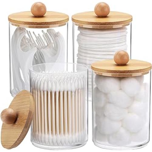 Tbestmax 4 Pack Qtip Holder, 10-Ounce Bathroom Organizer Accessories Storage Containers Clear Plastic Apothecary Jars with Bamboo Lids for Cotton Ball, Cotton Swab, Floss