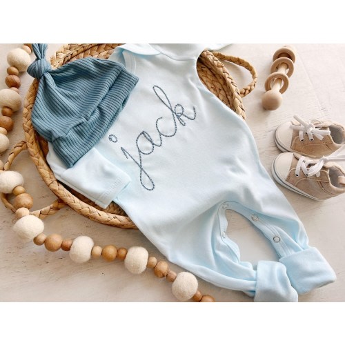 Personalized baby blue romper with hat, custom baby boy coming home outfit, baby shower gift, hospital outfit