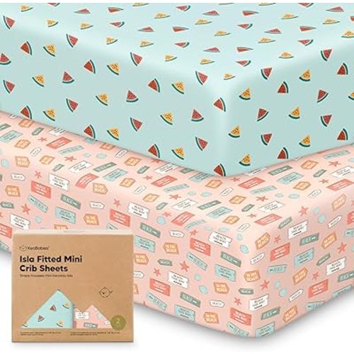 Pack and Play Sheets Fitted - 2-Pack Mini Crib Sheets for Pack N Play Mattress, Soft & Cozy, Neutral Toddler Playard Bedding, Snug Fitted Mini Baby Crib Mattress Cover Set for Boys, Girls (Beach Day)