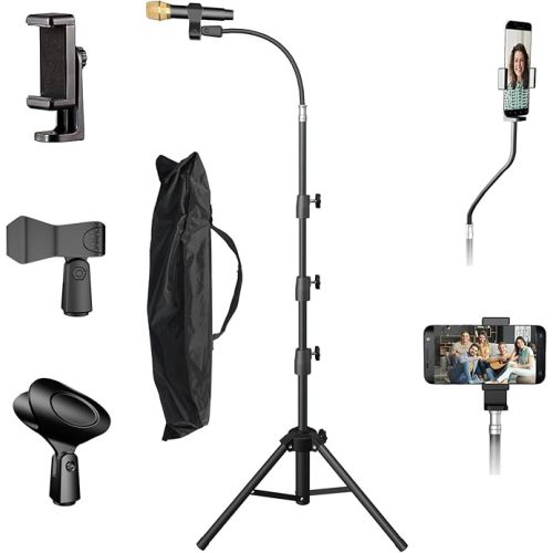 KEREAL Microphone Stand For singing For Most Mic, Gooseneck Mic Stand Adjustable Height From 21” to 75”, Portable Mic Floor Stand with Phone holder,Two Mic Clips for Studio, Stage, Karaoke, DJ, Kids