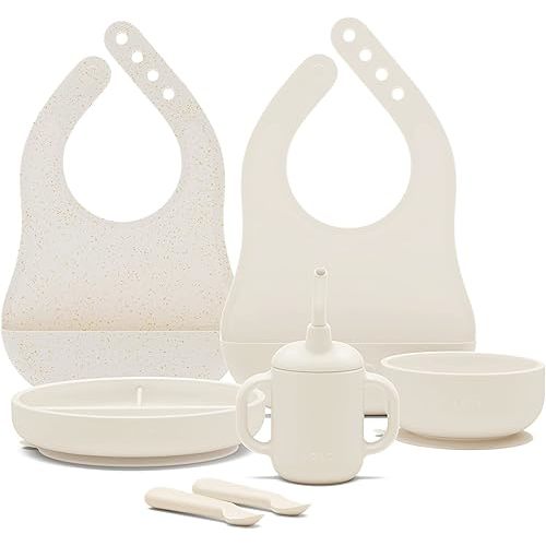 Lalo First Bites Silicone Baby Feeding Set - Baby Led Weaning Supplies - Non-Toxic Silicone - Includes 2 Bibs, 2 Spoons, Training Cup, Suction Plate and Bowl - 6 Pieces - Oatmeal