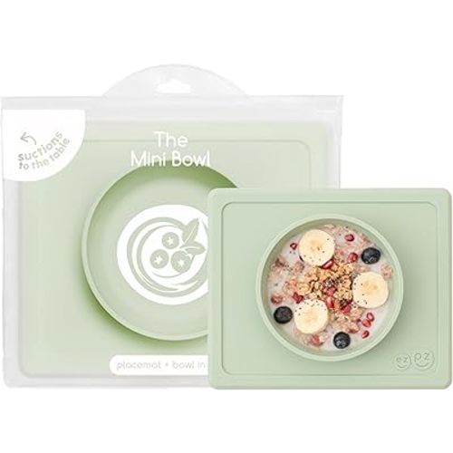 ezpz Mini Bowl for 12 Months+ (Sage) - 100% Silicone Suction Bowl with Built-in Placemat for Toddlers - Comes with a Reusable Travel Bag