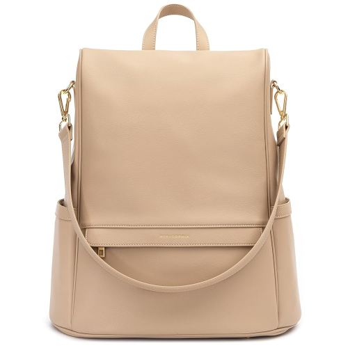 MIA + SOPHIA Leather Diaper Bag Backpack with USB Charging port, Changing Pad, Stroller Straps, and Bottle Holder (Beige Mia)