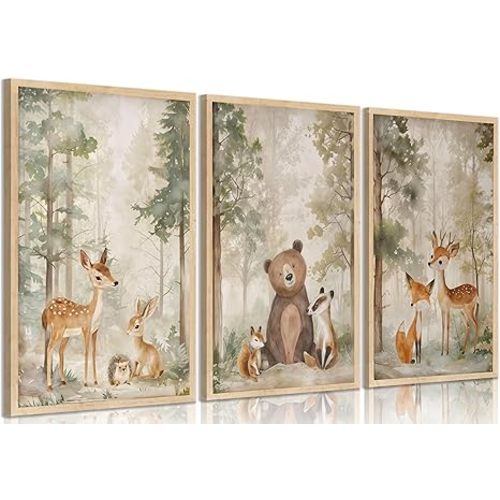 3Pcs Woodland Animal Nursery Canvas wall art Wild Animals Forest Paintings Pictures Wall Decor Fox Bear Deer Watercolor Poster Printing Artwork for Boys Room Girls Room Home Decoration Unframed