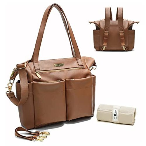 miss fong Diaper Bag Tote Leather Diaper Bag Backpack Pañaleras Para Bebe with 11 Pockets,Leather Diaper Tote with Diaper Changing Pad, Baby Bag for Moms Mommy Bag for Women