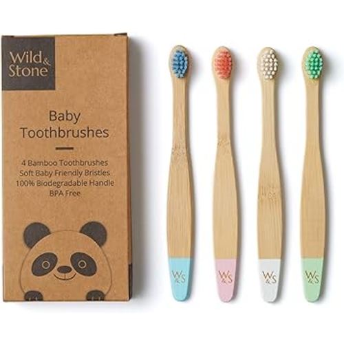 Wild & Stone Organic Baby Bamboo Toothbrushes | 4 Pack | Soft Bristles | 100% Compostable Handle | BPA Free | Vegan Baby Toothbrushes (Multicolour)