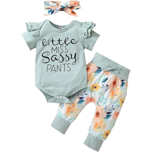 Yvowming Newborn Baby Girl Clothes Infant Baby Ruffle Romper +Pants + Headband 3 PCS Outfits Set