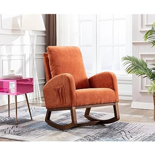 Antetek Modern Accent Rocking Chair, Upholstered Nursery Glider Rocker for Baby and Kids, Comfy Armchair with Side Pocket, Living Room Lounge Arm Chair with High Backrest (Orange)
