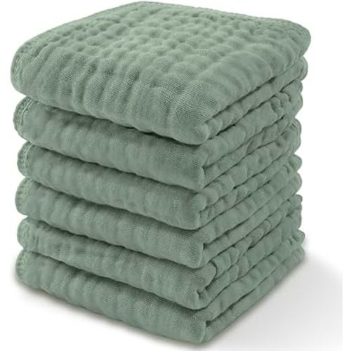Baby Washcloths, Muslin Cotton Baby Towels, Large 10”x10” Wash Cloths Soft on Sensitive Skin, Absorbent for Boys & Girls, Newborn Baby & Toddlers Bibs & Burp Cloths Essentials Set (Fern, Pack of 6)
