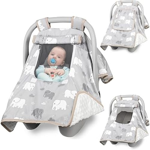 Baby Carseat Seat Cover Boys, Winter Carseat Canopy, Cozy & Warm Cover with Zipper Peep Windows, Infant Minky Carrier Cover, Soft Breathable, Baby Must Have, Grey Elephant