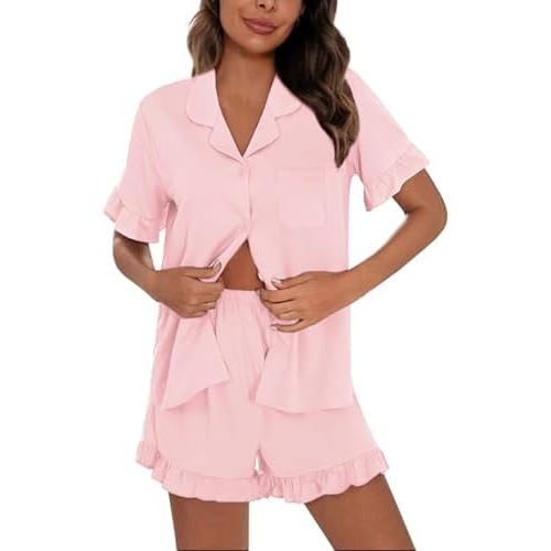 SWOMOG Woman Pajama Set Short Sleeve Pjs Set 2Pcs Short Pajamas Button Down Ruffle Hem Sleepwear Soft Modal Loungewear