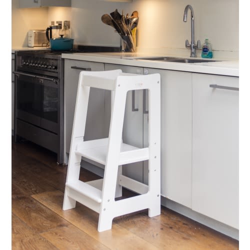 Stepup Baby Montessori Toddler Tower Wooden Step Stool, Adjustable Toddler Steps with Safety Rail - White