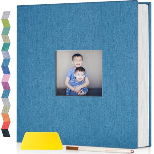 popotop Photo Album Self Adhesive with Picture Display Window,60 Pages DIY Scrapbooking Supplies Kit for 4x6 10x12 Picture,Linen Cover Memory Book for Baby Wedding, with Scraper and Metallic Pen