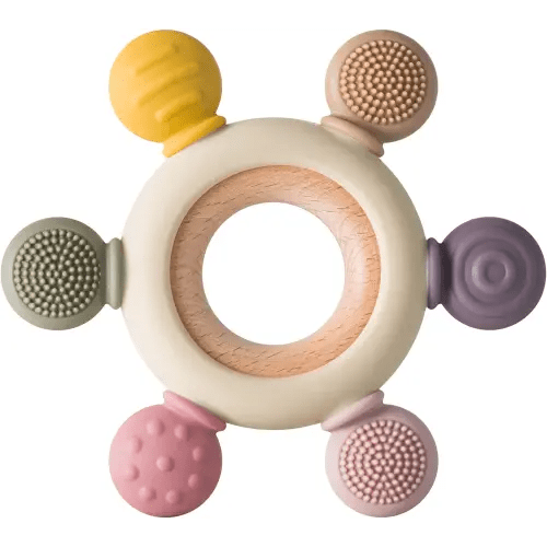 Arudyo Baby Teething Toys Silicone Teethers BPA Free Silicone Rudder with Wooden Ring Soothe Babies Gums (Khaki)