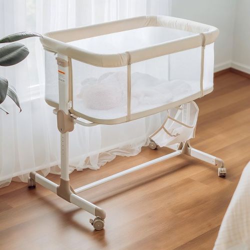 Fodoss Baby Bassinets Bedside Sleeper with Wheels, 7 Height Adjustable, Beige