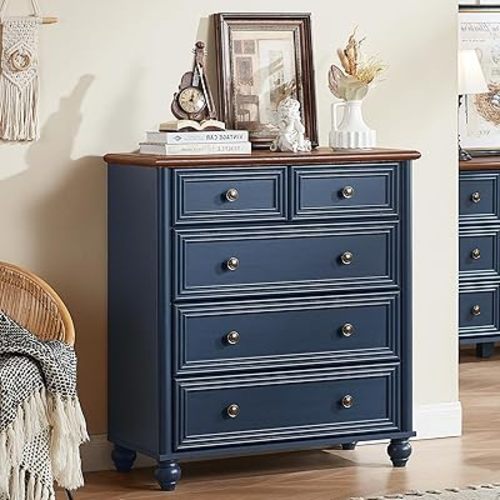 Farmhouse 5 Drawer Dresser, Blue Rustic Chest of Drawers, 35.5" Tall Small Dressers for Bedroom with Roman Column and Metal Handles,Wood Storage Organizer for Living Room, Hallway, Closet