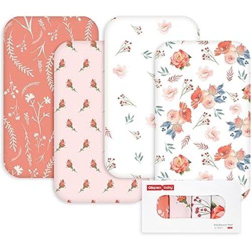 Gllquen Baby Bedside Sleeper Sheets 33x20 Inch 4 Pack - Fitted Crib Mattress Covers, Ultra Soft Oeko-TEX Certified Bassinet Sheets for Girls Boys, Gift Ready Box for Baby Shower (Floral Reverie)