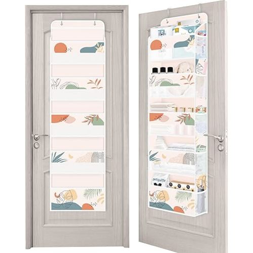 Clastyle Beige Tropical Leaf Over the Door Organizer with 5 Large Pockets Nursery Hanging Storage Organizer for Adult Clothes Diaper Toy Sunset Closet Door Hanging Shelf Storage for Bedroom Bathroom
