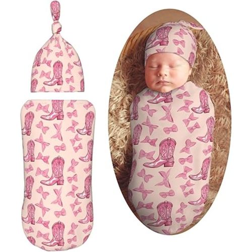 Cowgirl Boot and Bows Newborn Swaddle Blankets Hat Sets Soft Baby Receiving Blanket Swaddle Sack for Baby Shower Infant Boy Girl Gift