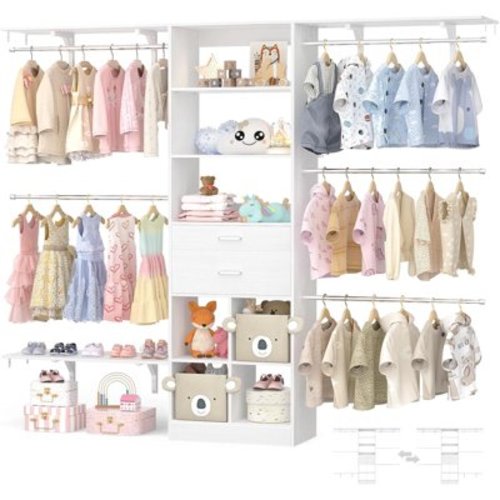 Homieasy Closet System - 4.75-8FT Closet Organizer System with Wooden Drawers & Cube Storage Organizer, 96" Closet Systems with Cuttable Hanging Shelvings for Nursery, White