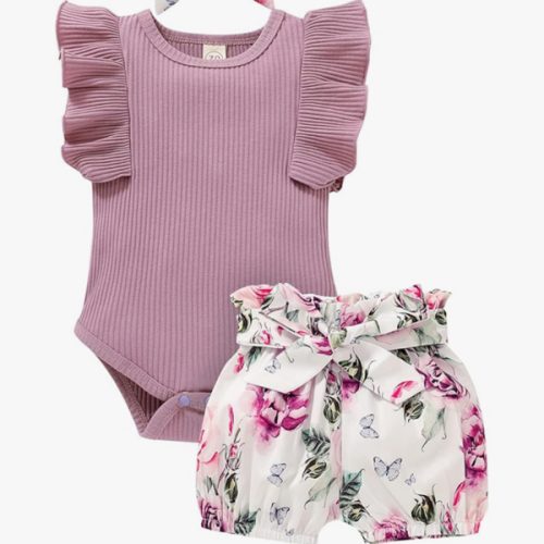 Tiny Cutey Baby Girl Clothes Infant Summer Outfits Set Ruffle Sleeve Romper and Floral Shorts with Headband